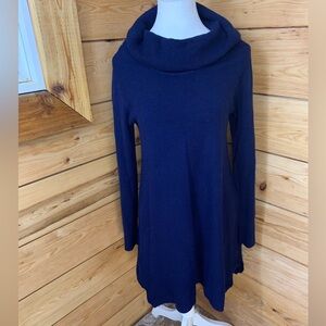 Navy Cowl Neck Sweater Dress Slinky Heavy Fit Flare High Low Medium Women’s Dark